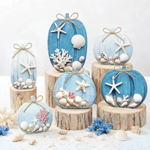 6 Piece Coastal Pumpkin Decor, Blue