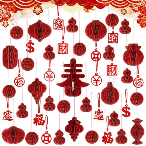 46 Piece Folding Chinese Lunar New Year Decorations 2026 Red Paper