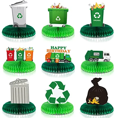 9 Piece Garbage Truck Honeycomb Centerpieces Garbage Truck, Green
