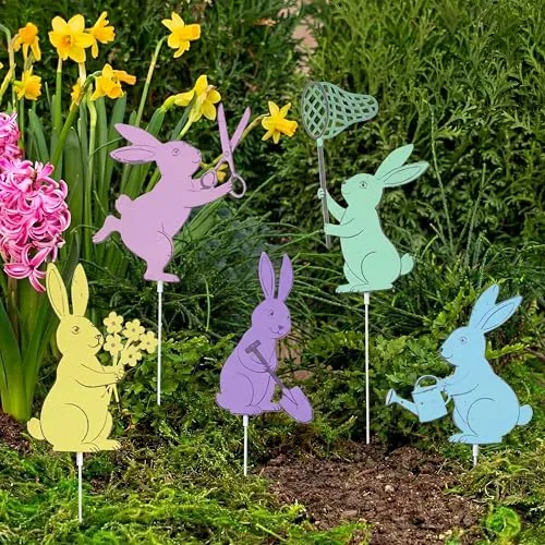5 Piece Easter Bunny Garden Stakes 13 inch Metal Easter Yard, Multicolour