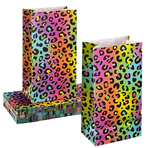 24 Piece Neon Rainbow Leopard Paper Bags Cheetah Birthday Party, Multicolour