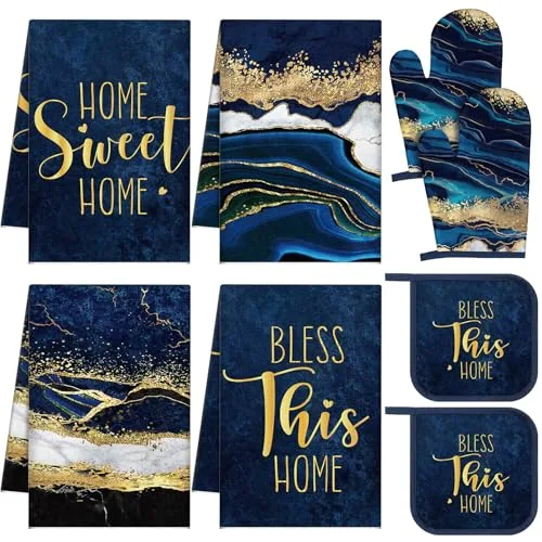 8 Piece Navy Blue and Gold Marble Kitchen Towels and Dishcloths
