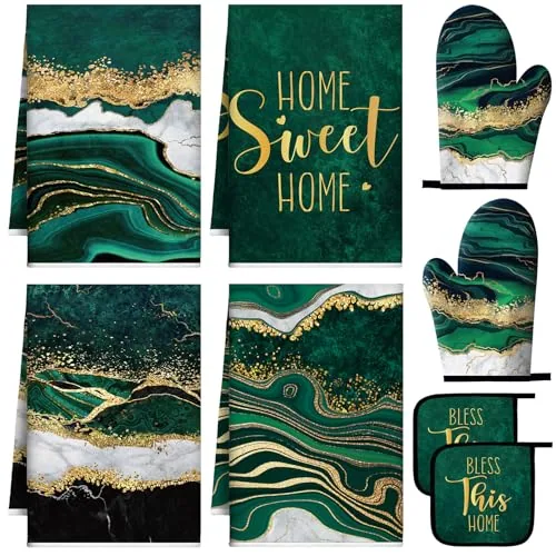 8 Piece Green and Gold Marble Kitchen Towels and Dishcloths Sets