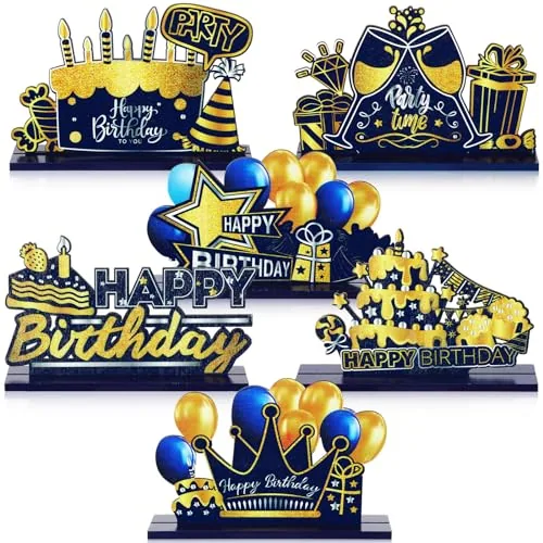 6 Piece Happy Birthday Table Centerpiece Happy New Year Wooden, Blue