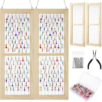 Two wooden hanging frames strung with beads, with pliers and a box of findings
