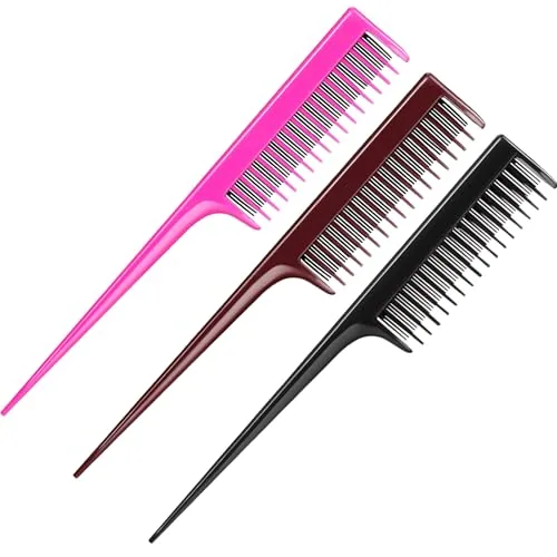 3 Piece 8 Inch Rat Tail Teasing Hair Comb, Black
