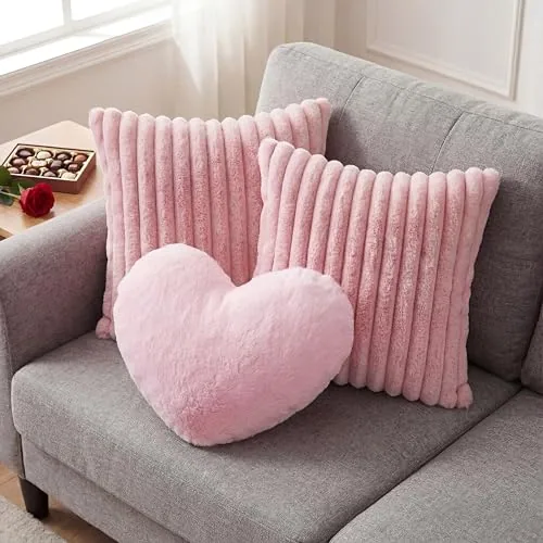 3 Piece Set of 3 Pink Heart Throw Pillow and 18" Pillow Covers