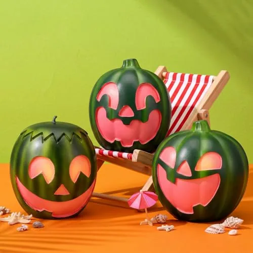 3 Piece Summer Halloween Watermelon Jack-o'-Lantern Figurines, Green
