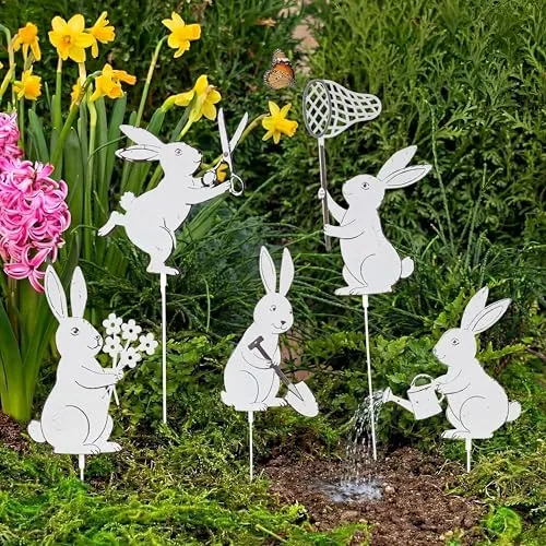 5 Piece Easter Bunny Garden Stakes 13 inch Metal Easter Yard, White
