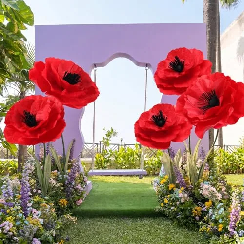 5 Piece Giant Red Poppy Flower Decorations Outdoor Yard Stakes