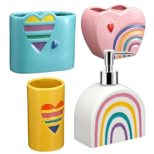 4 Piece Rainbow Bathroom Accessory Set Rainbow Heart Ceramic, Multicolour