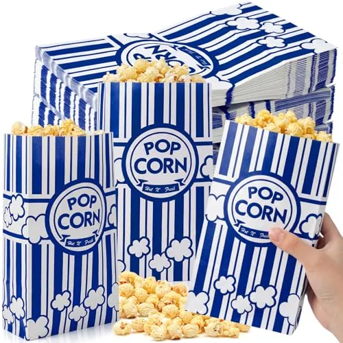 200 Piece Paper Popcorn Bags Bulk 2 oz Large Flat Bottom Boxes, Blue
