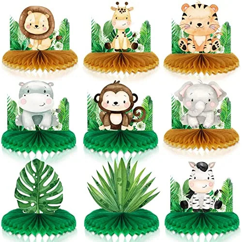 9 Piece Baby Jungle Animals Honeycomb Centerpieces Safari Baby