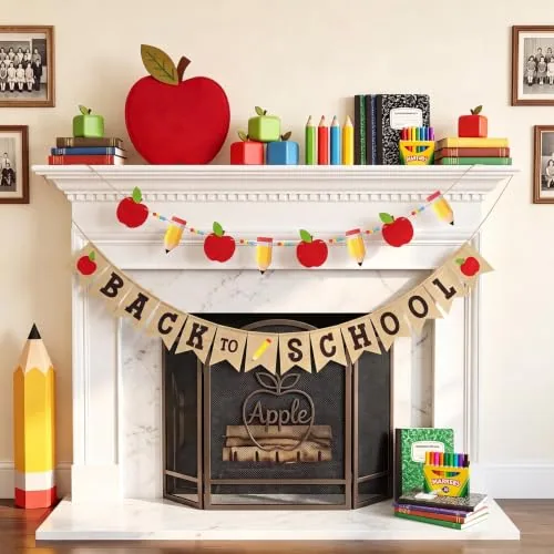 2 Piece Back to School Banner Decorations Pencil Apple Garland, Red