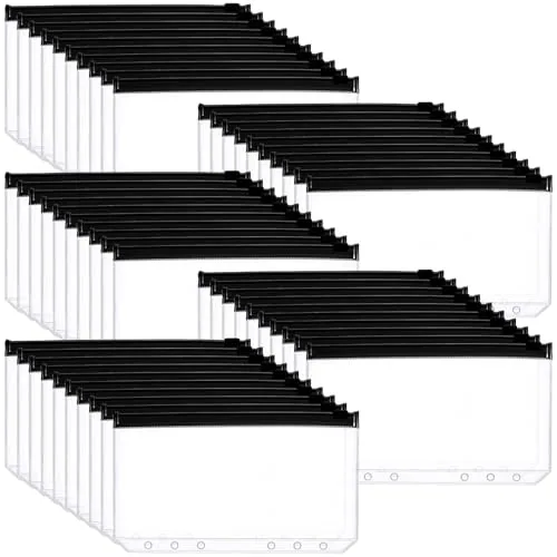 50 Piece A6 Binder Pockets 6 Hole Transparent Zip Envelope, Clear