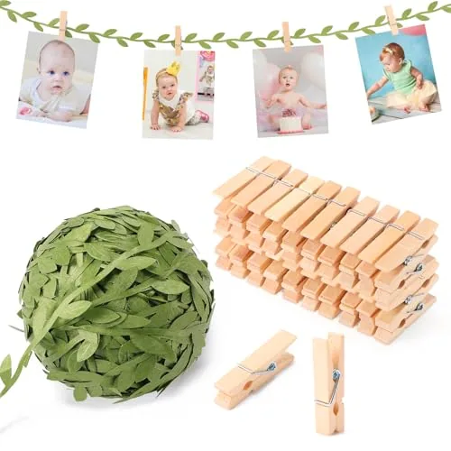 51 Piece Mini Clothespins and Leaf Ribbon, Green