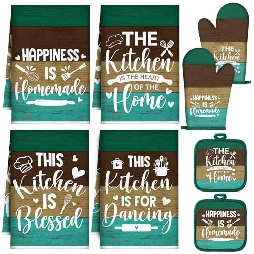8 Piece Kitchen Towels and Oven Mitts Sets Pot Holders Dishcloths, Green