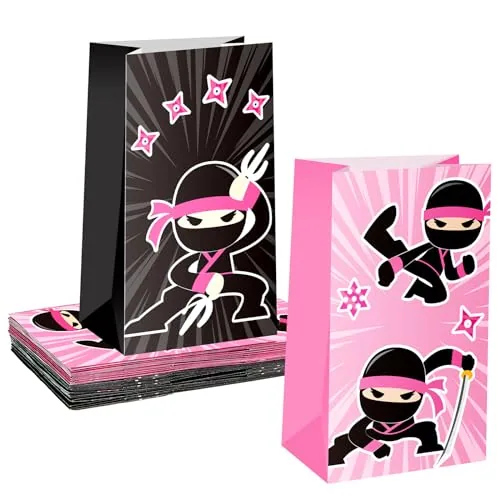 24 Piece Ninja Party Favor Bags Ninja Themed Birthday Goodie Candy, Pink