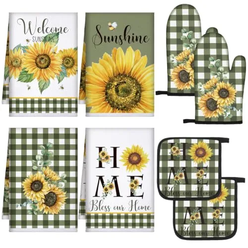8 Piece Sunflower Green and White Checkered Kitchen Towels and