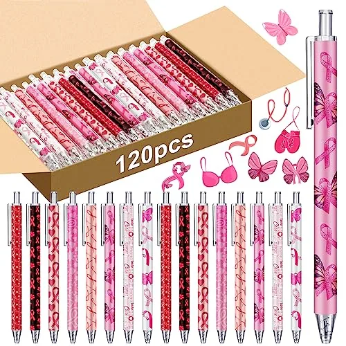 120 Piece Breast Cancer Awareness Pens Ribbon Ballpoint Pens Breast, Pink