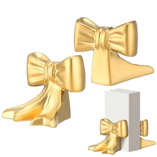 2 Piece Gold Bow Bookends Ceramic Cute Book Ends Decorative Book