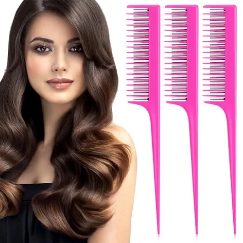 3 Piece 8 Inch Rat Tail Teasing Hair Comb, Pink
