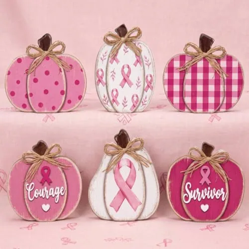6 Piece Pink Ribbon Breast Cancer Awareness Wooden Pumpkin Decor