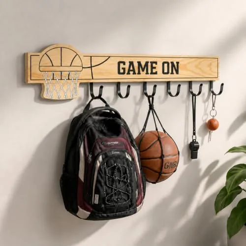 Basketball Theme Wall Mounted Coat Rack Organizer, Wood