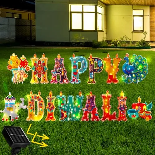 15 Piece Happy Diwali Yard Sign Decor Home Garden Outside Decor, Multicolour