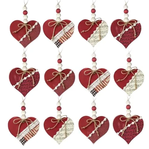 12 Piece Wood Heart Ornaments Hanging Decor Rustic Boho Red Heart