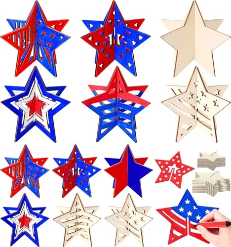 48 Piece 4th of July 3D Wooden Stars, Natural